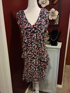 Michael Kors Navy Floral V-Neck Ruffle Mini Dress